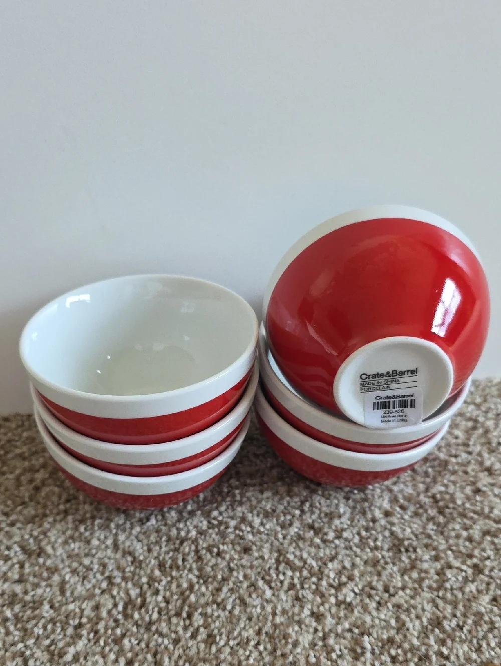 Crate&Barrel Red and White Porcelain Bowls - Set of 6 - NWOT
